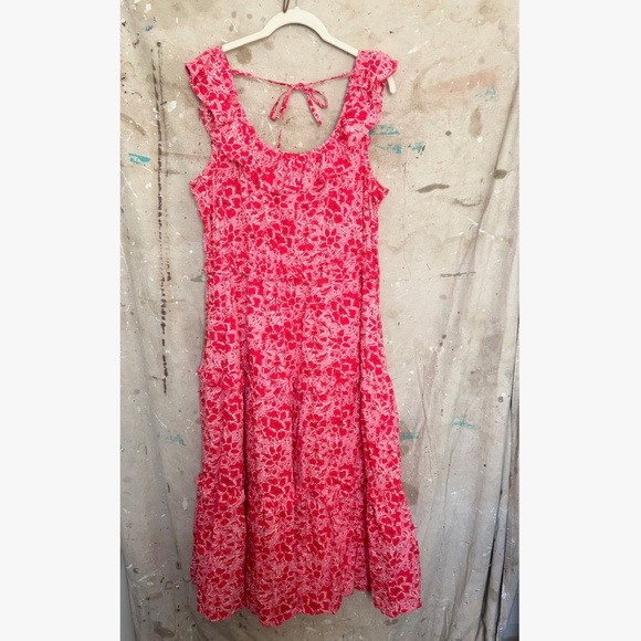 J Crew Printed Ruffle Midi Dress in Azalea Belvedere Red - Picture 2 of 6
